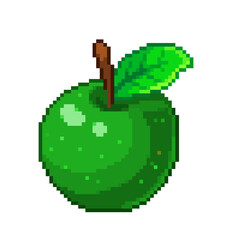 An 8-bit retro-styled pixel-art illustration of a green apple.