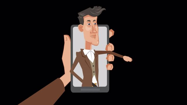 Cartoon stylish fancy guy character thumbs down reject gesture from online smartphone animation with alpha channel