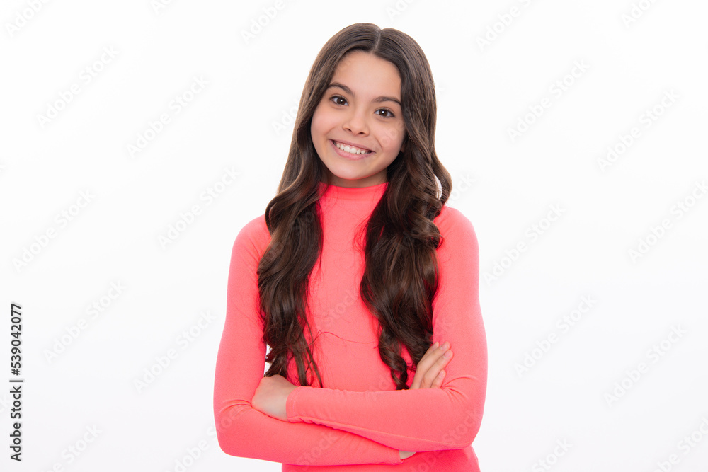 Poster happy girl face, positive and smiling emotions. little kid girl 12,13, 14 years old on isolated back