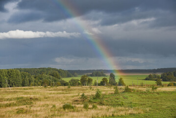 A rainbow in the sky over a yellow field. In the summer after the rain.