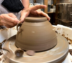 Potter's master class Pottery wheel the art of making pottery for kitchen utensils Women's hands cut off excess clay shavings are visible as if from chocolate Flowing from falling like Serpentine