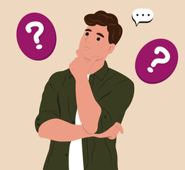 Make choice, decision concept. A young man makes a choice, thinks, analyzing two options. Doubting, deciding, setting priorities. Flat vector illustration