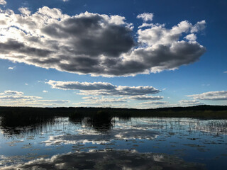 Summer landscape on the lake with blue sky with reflection of clouds in the lake. Tourism and travel concept.