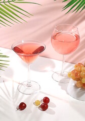 Modern still life with white wine, alcoholic margarita cocktail and grapes on a pastel background with long hard shadows, minimal concept for a bar, cafe, advertising banner, selective focus