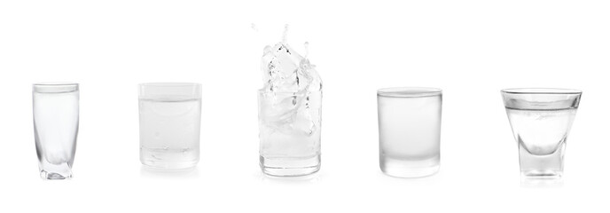 Set with shot glasses of vodka on white background. Banner design