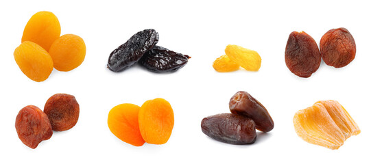 Set with different tasty dried fruits on white background. Banner design