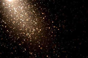 Organic dust particles floating in light ray on black background. Glittering sparkling flickering glowing.