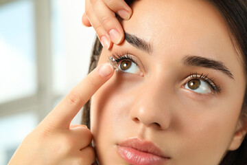 Woman putting contact lens in her eye indoors, closeup view