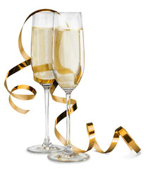 Glasses of delicious champagne with glossy golden ribbon