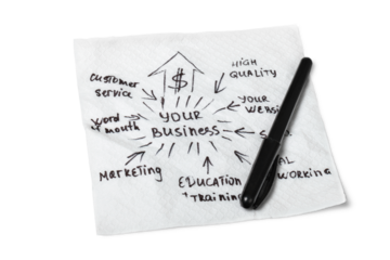 Hand drawn business plan on serviette and pen isolated on white