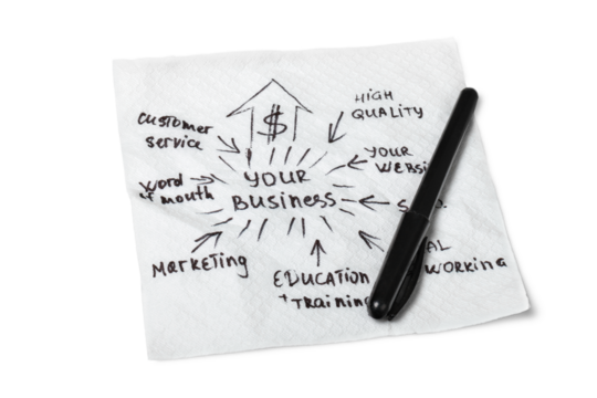 Hand drawn business plan on serviette and pen isolated on white