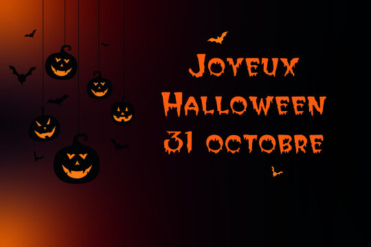 carte ou bandeau pour un joyeuse fête d'halloween le 31 octobre en orange sur un fond noir et orange en dégradé avec des citrouilles oranges et noires et des chauves souris noires