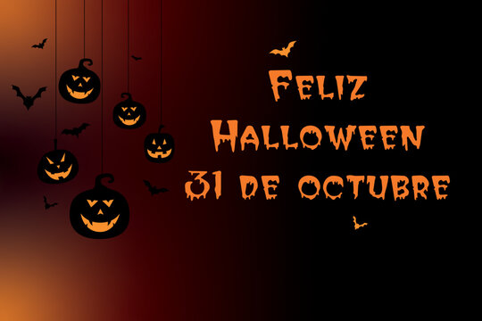 tarjeta o pancarta para una feliz fiesta de halloween el 31 de octubre en naranja sobre un fondo degradado negro y naranja con calabazas naranjas y negras y murciélagos negros