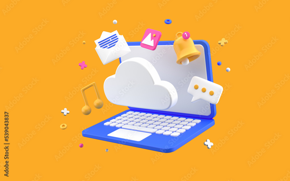 Poster cloud storage syncronization upload and download data online service with laptop. 3d rendering on ye