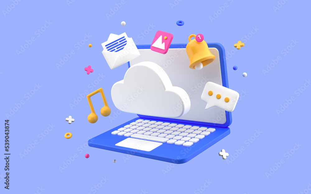 Poster cloud storage computing upload and download data online service with laptop. 3d rendering on blue ba