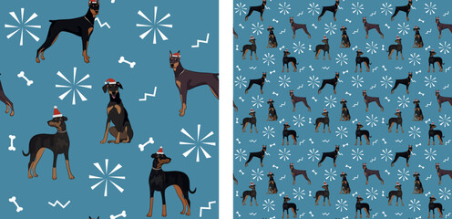 Seamless dog pattern, winter Christmas texture. Square format, t-shirt, poster, packaging, textile, socks, textile, fabric, decoration, wrapping paper. Trendy hand-drawn Pinscher dogs, Doberman  breed