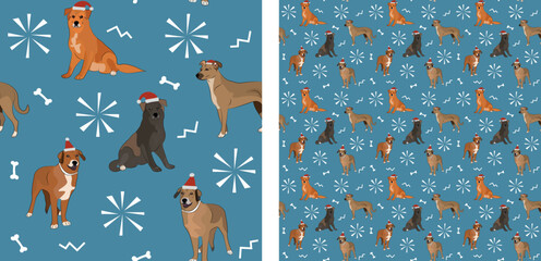 Seamless dog pattern, winter Christmas texture. Square format, t-shirt, poster, packaging, textile, socks, textile, fabric, decoration, wrapping paper. Trendy hand-drawn mongrel dogs, mutt breed. - obrazy, fototapety, plakaty