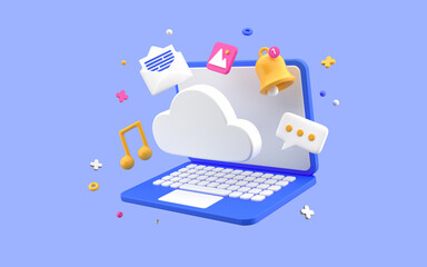 Cloud storage computing upload and download data online service with laptop. 3d rendering on blue background.