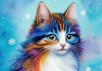 Sweet colorful kitten in falling snow, watercolor - obrazy, fototapety, plakaty