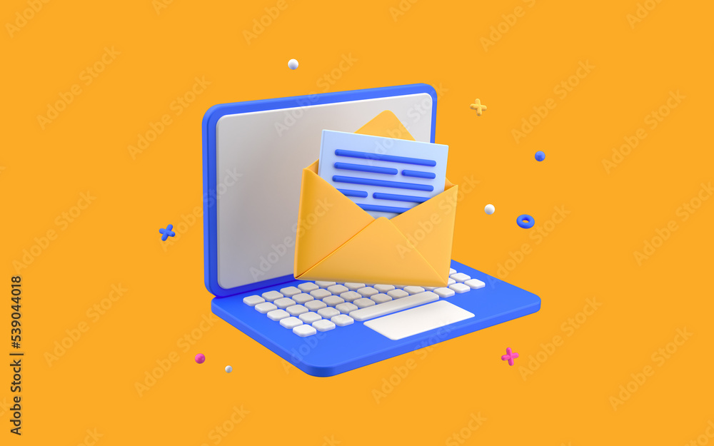 Poster notebook email delivery concept. social media online communication concept. modern design, 3d render
