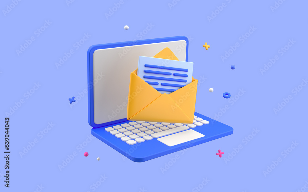 Fototapete email delivery with laptop. notification subscription concept. 3d rendering on blue background.