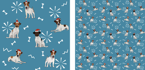 Seamless dog pattern, winter Christmas texture. Square format, t-shirt, poster, packaging, textile, socks, textile, fabric, decoration, wrapping paper. Trendy hand-drawn jack russell dogs, breed