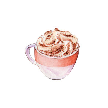 a cup of cappuccino drawn in watercolor