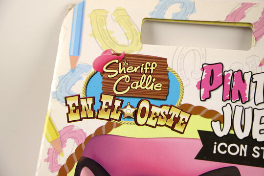 Children's magazine with the character of Sheriff Callie in the west. Cowgirl kitten. Character from a television series for babies and toddlers on the Disney Junior channel. Logo. Brand.