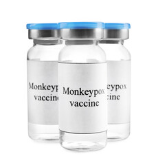 Monkeypox vaccine in vials on white background