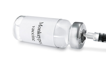 Filling syringe with monkeypox vaccine from vial isolated on white