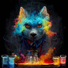 Colorful Fascinating Smoke Wolf, Workig in the Lab as aScientist, Fantasy, Illustration Art  AI Digital Neural Network Art Work