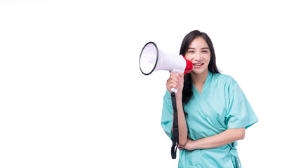 Excited pain asian woman holding megaphone announce positive news standing on white background. Happy young girl holding loudspeaker screaming copy space over isolated. Insurance health care concept.