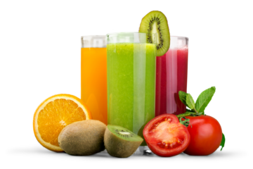 Tasty fruits  and juice with vitamins on background
