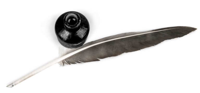 Feather quill pen and glass inkwell isolated on white background