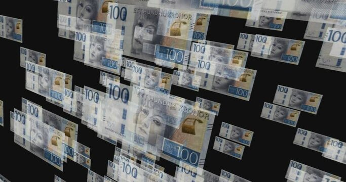 Swedish Krona 100 SEK banknote loop. Flying between transparent money Sweden note. 3D seamless looped abstract concept of business, economy, finance, crisis and banking.