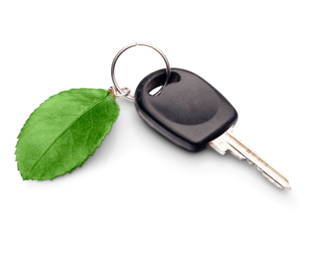 Car key with a leaf - environmentally friendly automobile concept - isolated image