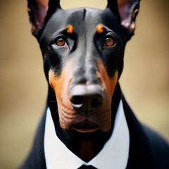 Doberman dog in a man suit. Close up portrait. AI generated. 
