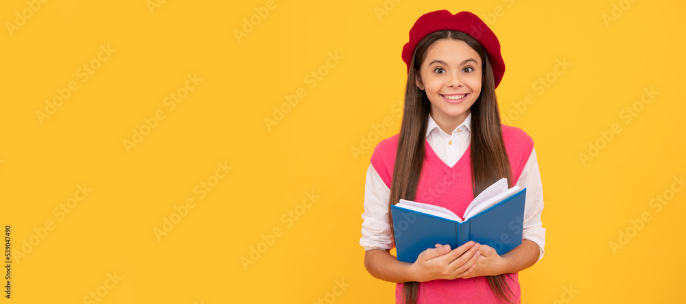 Wall mural so excited. kid in beret ready to study. smiling child reading book. teenage student. banner of scho