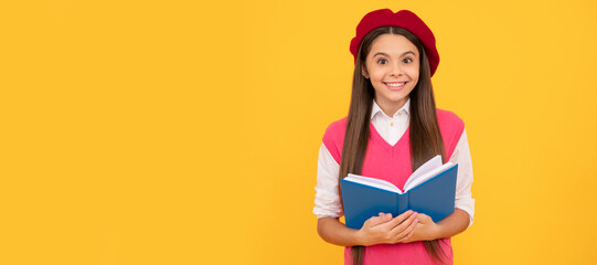 so excited. kid in beret ready to study. smiling child reading book. teenage student. Banner of school girl student. Schoolgirl pupil portrait with copy space.