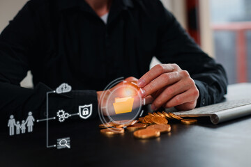 Man hand holding coin bank on wood table, saving money wealth and financial concept, Business, finance, investment, Financial planning.