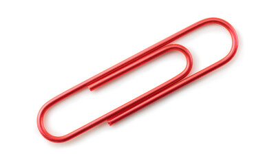 Paper clip. Metallic red paper clip isolated on white. Flip image to change direction.