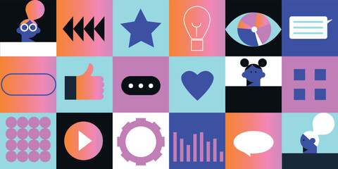 Digital geometric tech elements abstract vector. Flat icons set future technology, artificial intelligence. Hipster style, pictogram, outline elements. Concept for web, logo, branding, infographics.