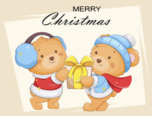 Two cute bears cartoon characters with gift box