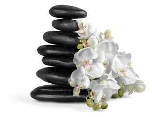 Obraz na płótnie Canvas Zen basalt stones and flowers on background