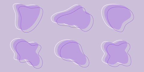 Zestaw abstrakcyjnych kształtów. Organiczne plamy, płynne elementy. Nowoczesne elementy graficzne do twojego projektu w fioletowym kolorze. Ilustracja wektorowa.