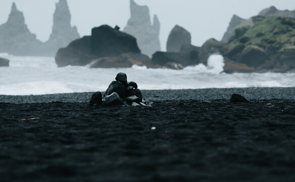 Cairn Rocks On A Black Sand Beach In Iceland, Relax And Inspire Concept, Spa And Wellness Copy Space