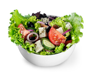 Fresh tasty vegetable salad in bowl on white background