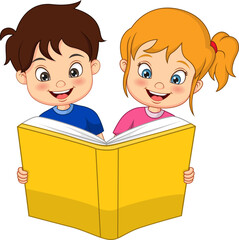 Cute little boy and girl reading a book together