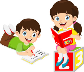 Cute little boy and girl study together