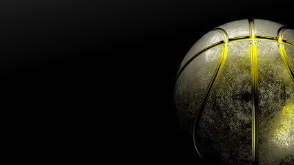 Yellow metallic basketball under black-white lighting background. Concept 3D CG of propaganda for the team, advertisement for the league finals and the fruits of the players' efforts.